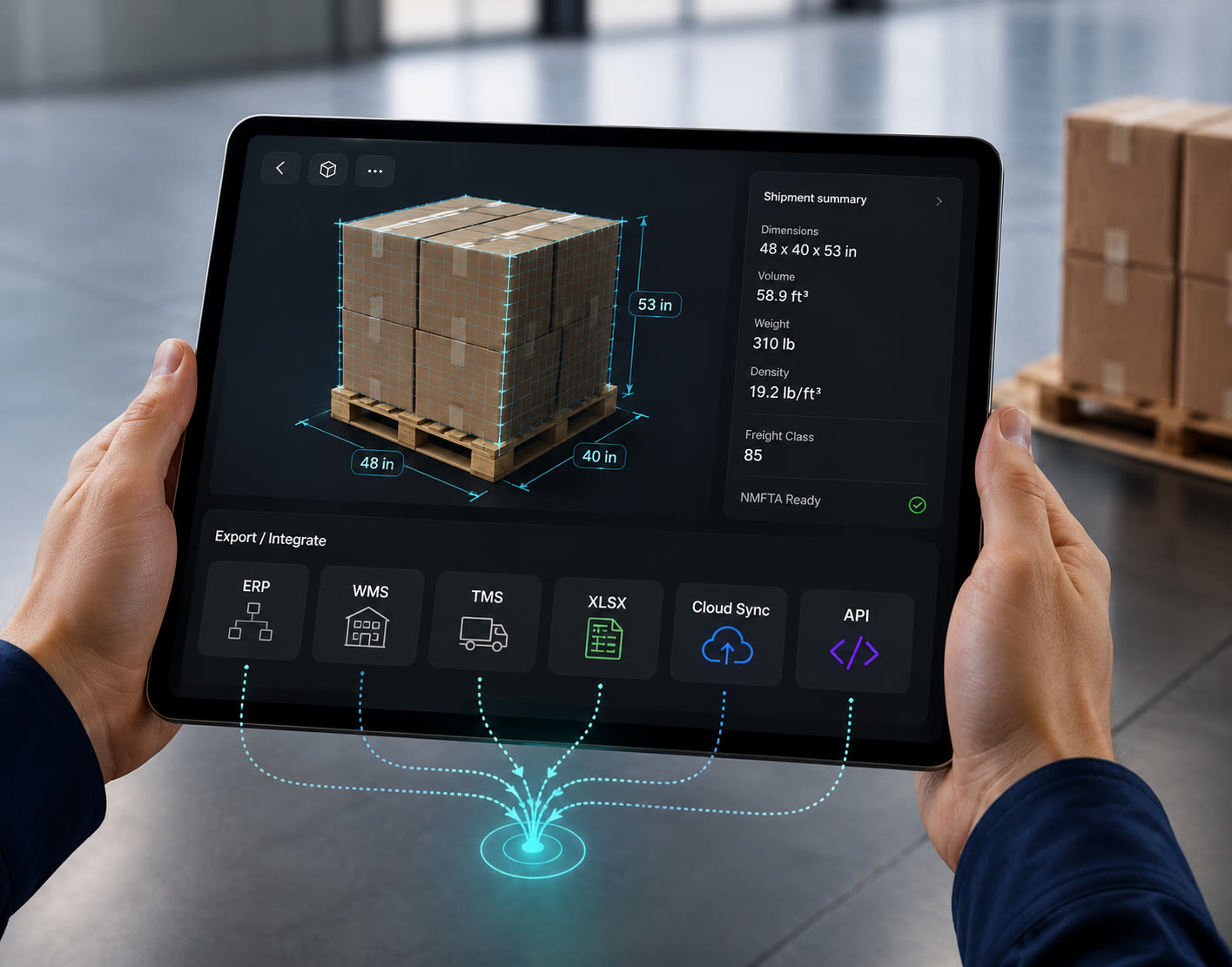Measured pallet with dimensions and volume on screen
