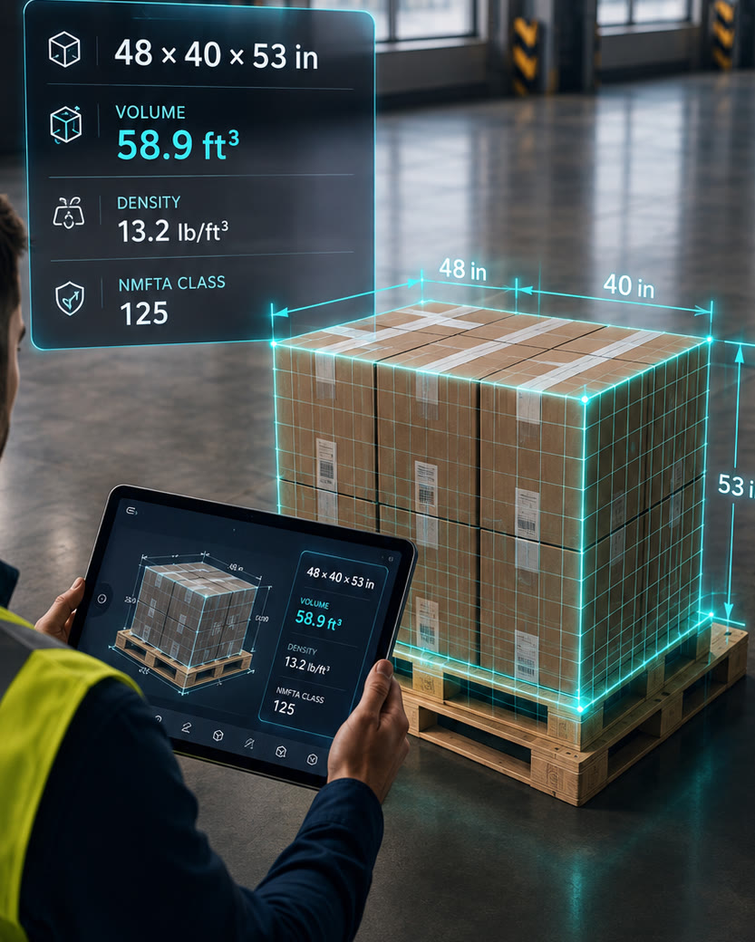 Pallet dimensions and volume shown on screen